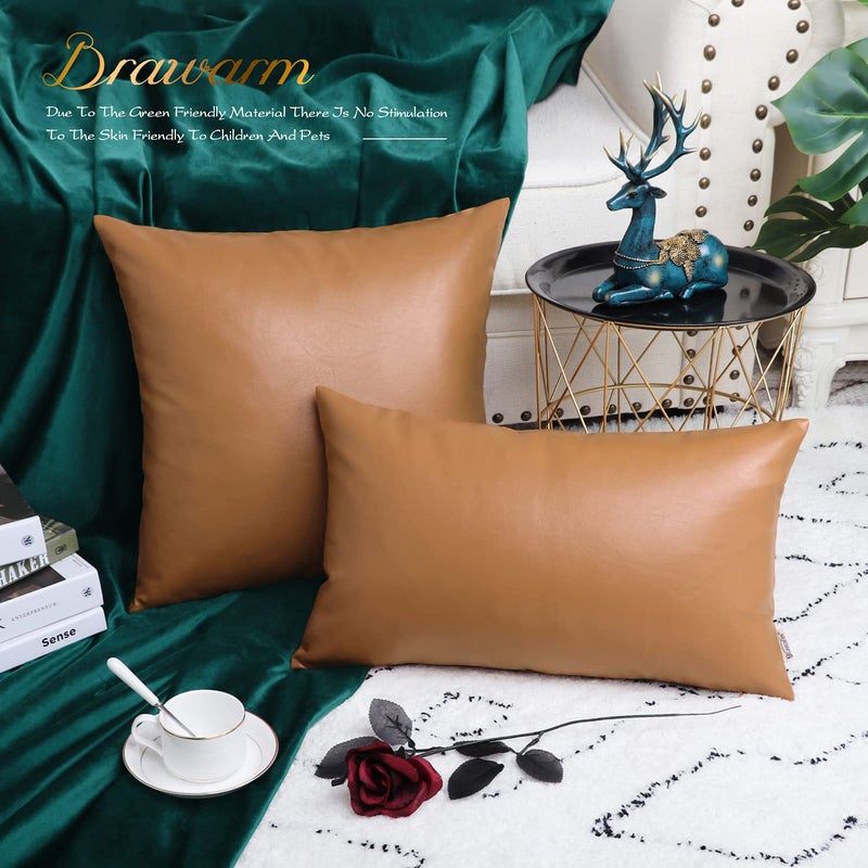 BRAWARM Faux Leather Throw Pillow Covers 20 X 20 Inches - Tan Leather Pilow Covers Pack of 2, Solid Dyed Leather Pillowcases for Couch Bed Sofa Garden Home Decorative - Image 4
